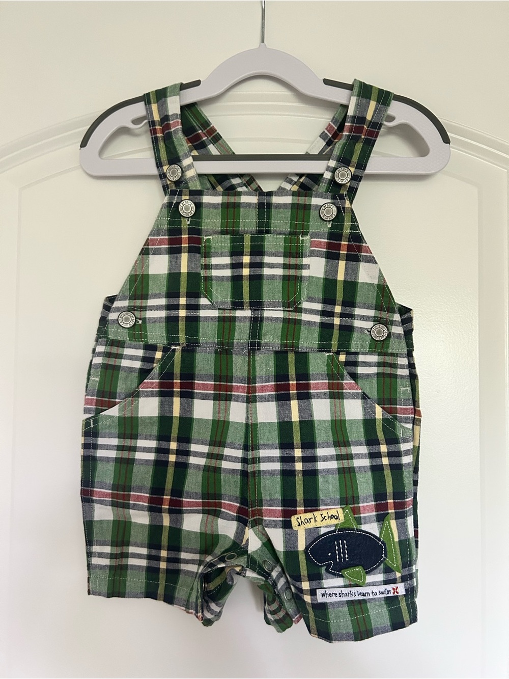 Carter's Green Plaid Overalls Shorts with Shark Patch